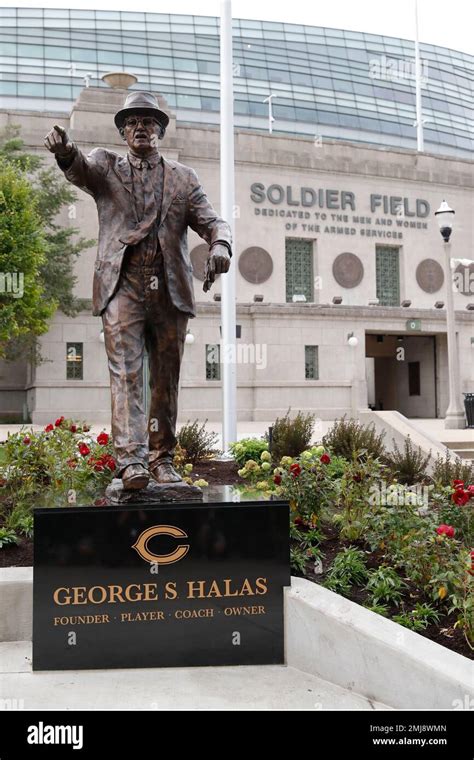 The newly dedicated statue of Chicago Bears founder George S. Halas stands outside Soldier Field ...