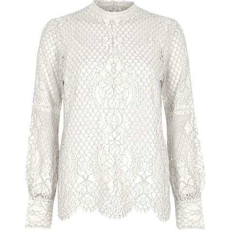 River Island White Lace High Neck Long Sleeve Top Lyst