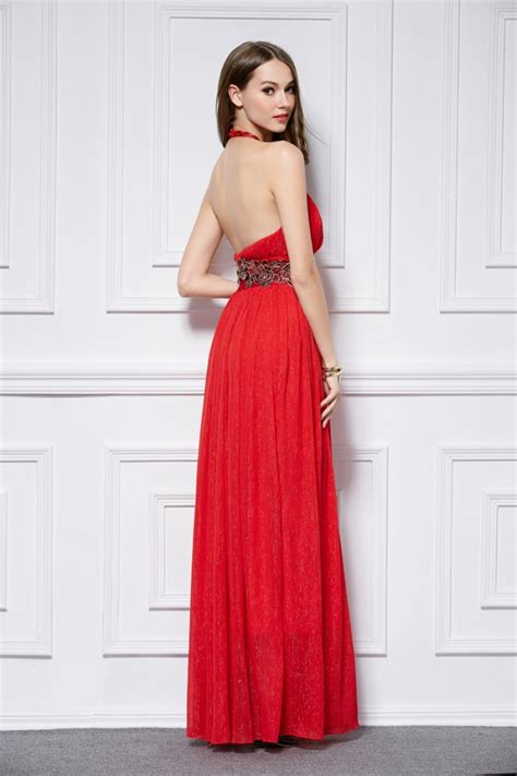 Floor Length Red Halter Backless Sexy Evening Dress Prom Gown