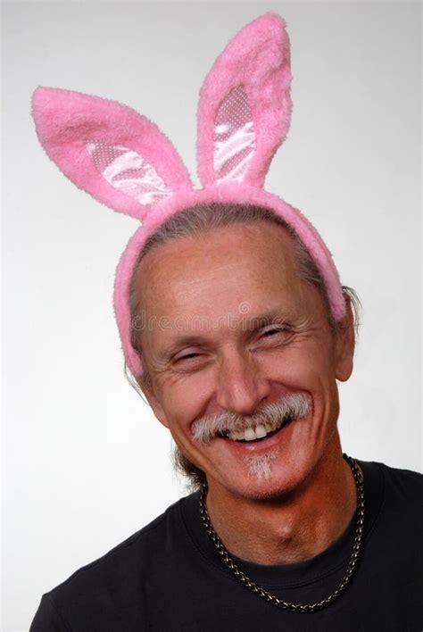 Man Holding Rabbit Wearing Pink Rabbit Ears Stock Photo Image Of