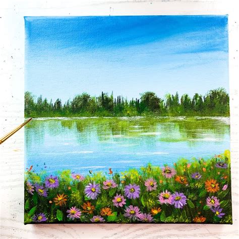 Acrylic spring landscape painting idea : colourful flowers by the lake ...