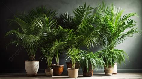 Six Palm Plants In Pots Against A Dark Wall Background Types Of Indoor Palm Trees Picture