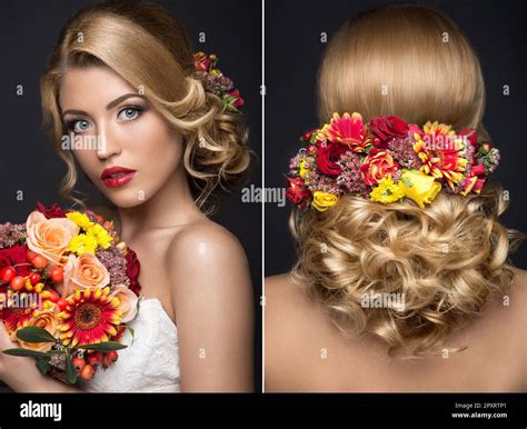 Belle femme blonde à l image de la mariée avec des fleurs Beauté visage et coiffure Photo