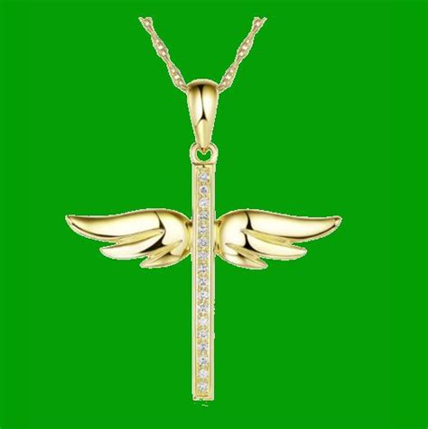 White Diamond Angel Wings Cross 14k Yellow Gold Pendant For