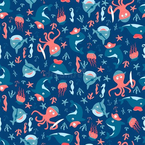 Seamless Pattern With Cute Sharks And Octopuses In Pirate Costumes