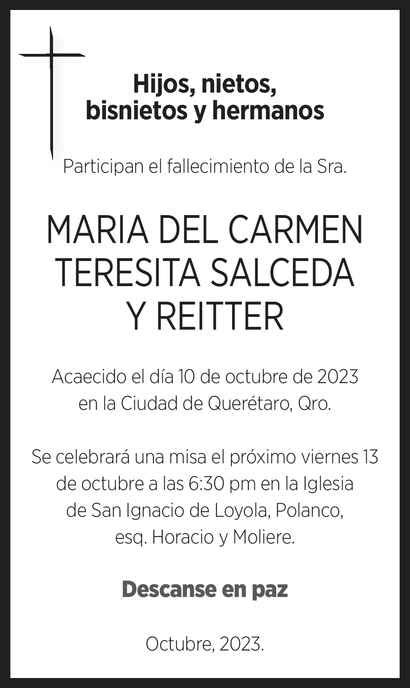 Señora María del Carmen Teresita Salceda Y Reitter Obituario Esquela