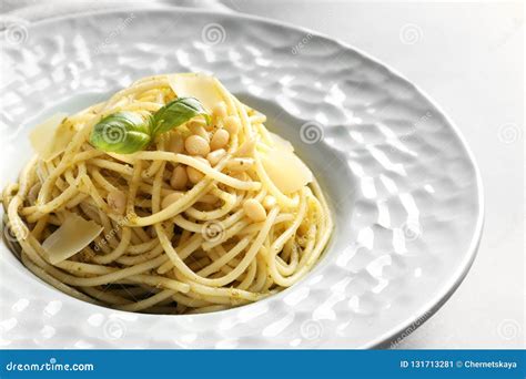 Plate Of Delicious Basil Pesto Pasta On Table Stock Image Image Of