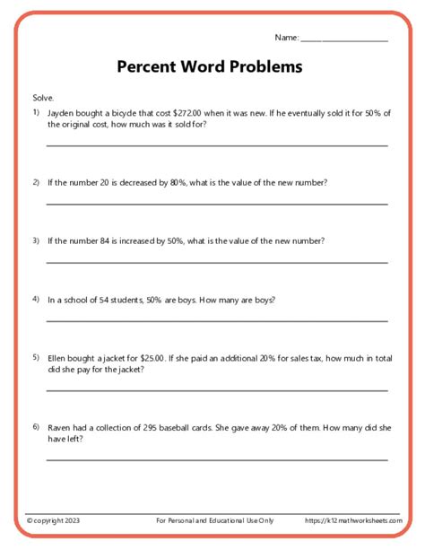 Percent Word Problems Worksheets K12 Math Worksheets