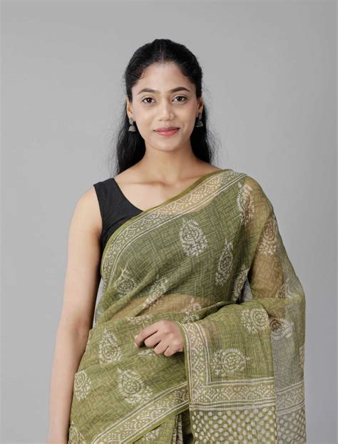 Printed Green Casual Hand Block Kota Doria Saree M With Blouse