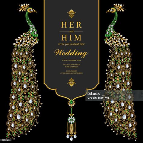 Wedding Invitation Card Templates With Gold Peacock Feathers Patterned