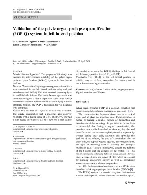 Pdf Validation Of The Pelvic Organ Prolapse Quantification Pop Q System In Left Lateral Position