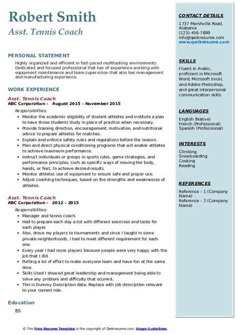 Tennis Coach Resume Samples Qwikresume