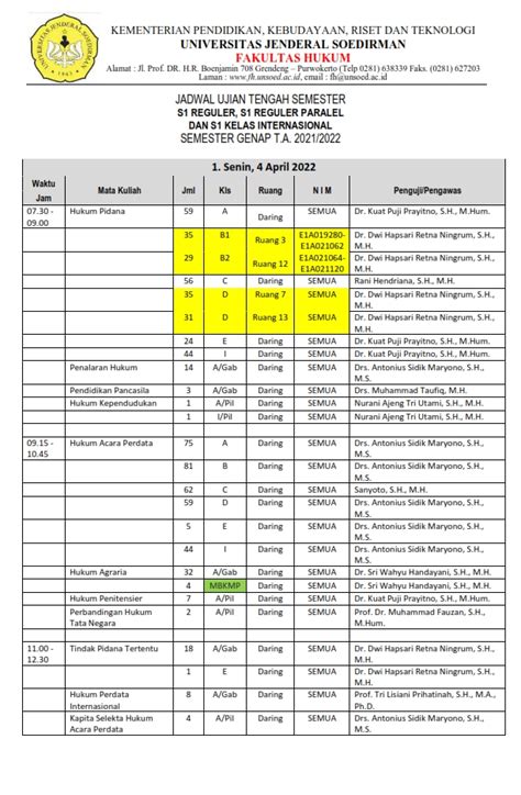 Jadwal Uts Semester Genap Ta 20212022 Fakultas Hukum Universitas Jenderal Soedirman