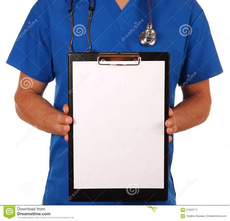 Doctor Holding Clipboard With Blank Sheet Of Paper Isolated Ove Stock