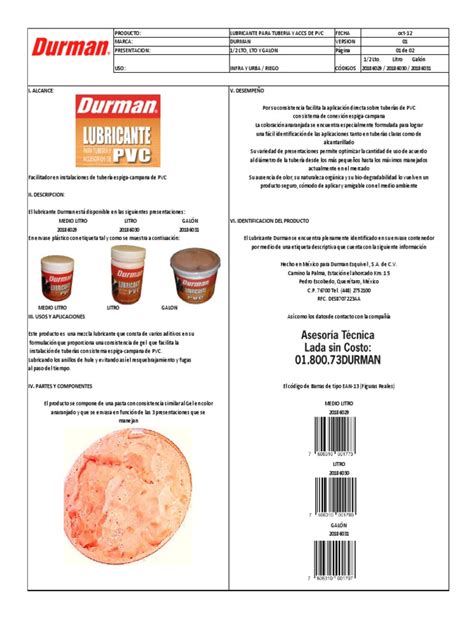 Ficha Tecnica Lubricante Durman Pdf Tubería Transporte De Fluidos