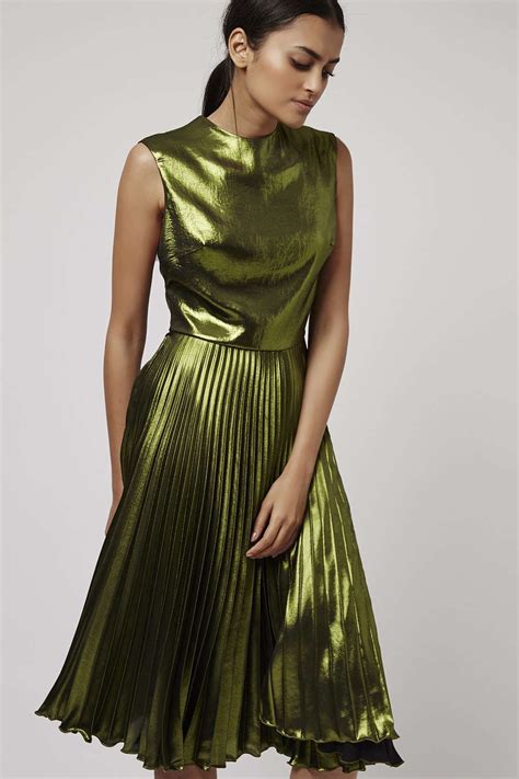 Metallic Pleated Midi Dress Evening Midi Dress Green Midi Dress