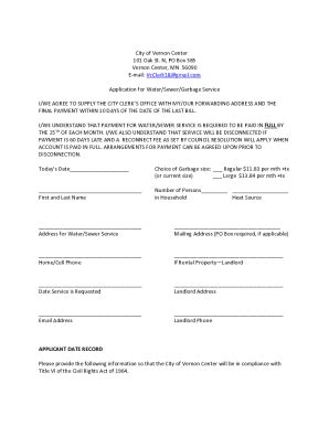 Fillable Online Application For Water Sewer Garbage Service Fax Email