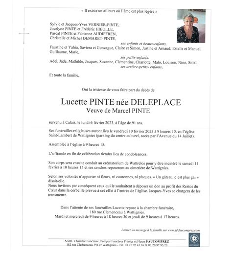 Lucette Pinte Née Deleplace Pompes Funèbres Faucomprez