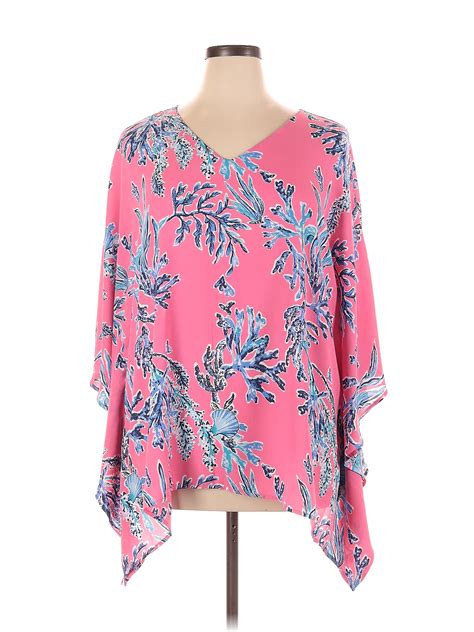 Belle By Kim Gravel 100 Polyester Tropical Pink Short Sleeve Blouse