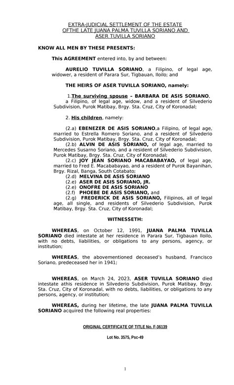 Extra Judicial Settlement Extra Judicial Settlement Of The Estate