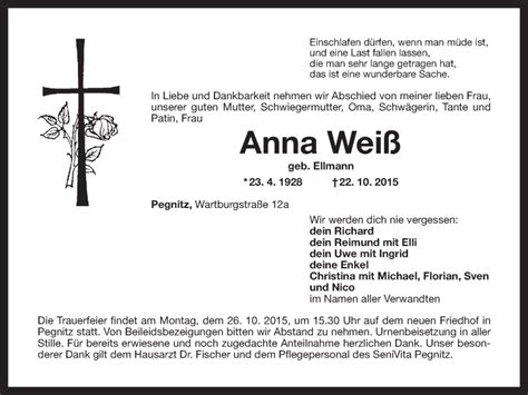 Traueranzeigen von Anna Weiß Nordbayerischer Kurier