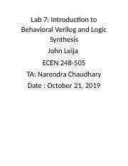 ECEN 248 Lab Report 7 Docx Lab 7 Introduction To Behavioral Verilog