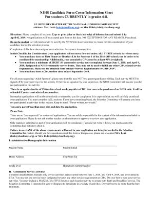 Fillable Online NJHS Candidate Form Cover Information Sheet Fax Email