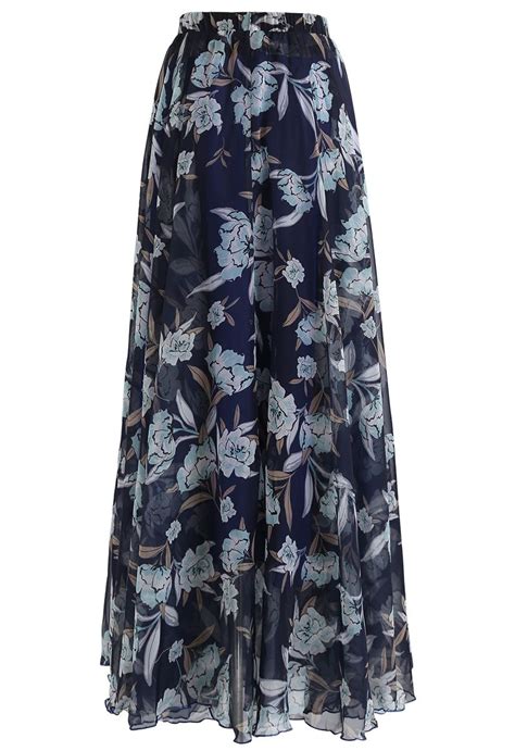 Flower Season Chiffon Maxi Skirt In Navy Retro Indie And Unique Fashion