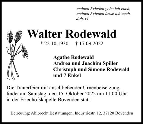 Traueranzeigen Von Walter Rodewald Trauer Anzeigen De