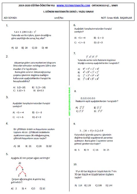 Sinif Matemat K D Nem Yazili Sinavi Test Matematik