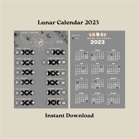 2023 Lunar Calendar, Moon Calendar, Moon Phases, Cycle Printable ...