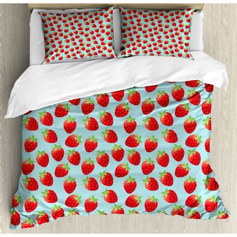 Strawberry Queen Size Duvet Cover Set Romantic Vintage Print With