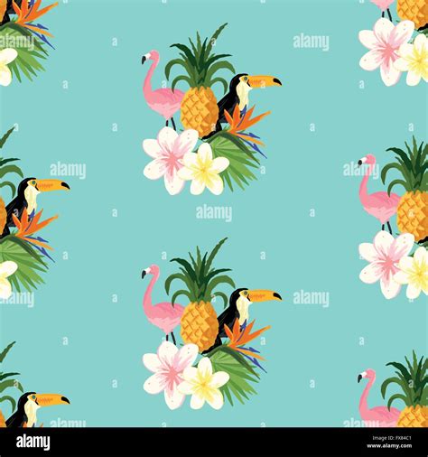 Seamless Tropical Theme Background With A Toucan Flamingo And