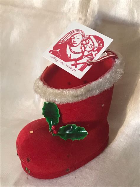 Vintage Flocked Christmas Boot 1950s Made In Japan Santa Boot Ornament Xmas Decorations Wreath