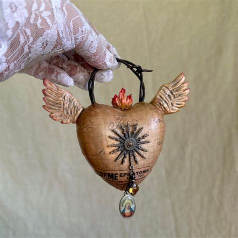 A Suns Heart Handmade Papier mâché Sacred Heart Ornament Etsy