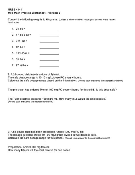 Pediatric Med Math Practice Worksheet Version 2 Nrse 4141 Med Math Practice Worksheet