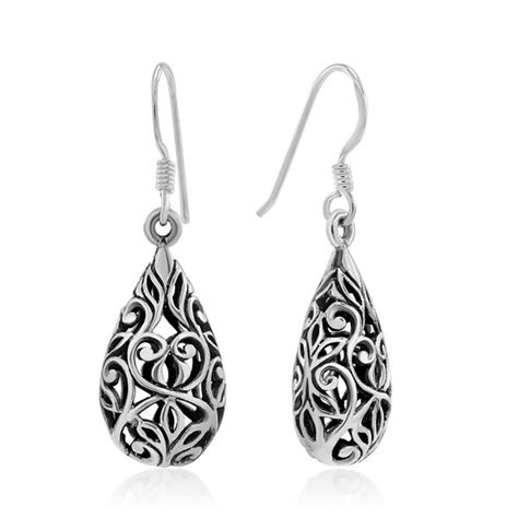 925 Sterling Silver Bali Inspired Open Filigree Puffed Teardrop 1 Inch