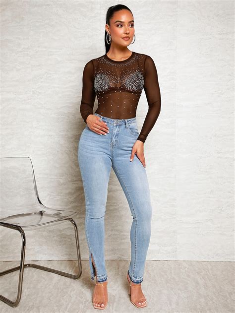 Shein Bae Rhinestone Detail Sheer Mesh Bodysuit Without Bra Shein Uk