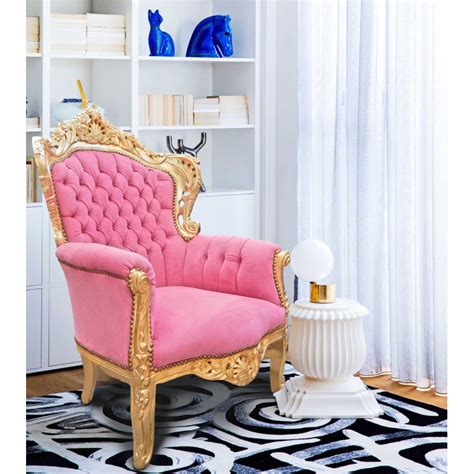 Grand Fauteuil De Style Baroque Velours Rose Et Bois Doré