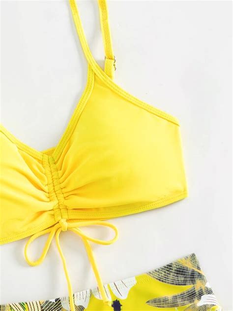 Shein Swim Vcay Tropical Print Bikini Set Drawstring Cami Bra Boxer Shorts Piece Bathing