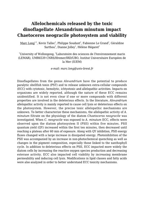 PDF Allelochemicals Released By The Toxic Dinoflagellate Alexandrium