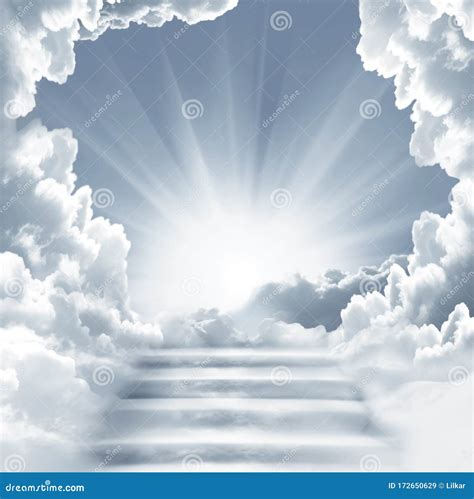 Stairway To Heaven.Stairs in Sky. Concept with Sun and White Clouds