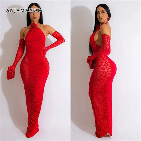 Anjamanor Sexy Lace Halter Backless Long Dress For Women Going Out