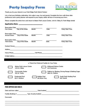 Fillable Online Party Inquiry Form Park Ridge Park District Fax Email