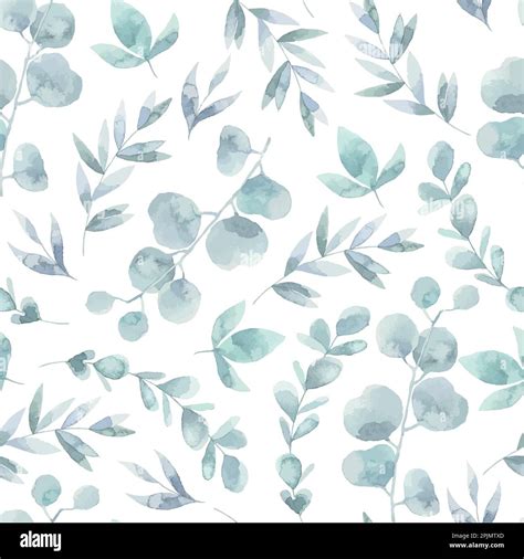 Seamless Watercolor Floral Pattern Green Leaves And Branches Composition On White Background