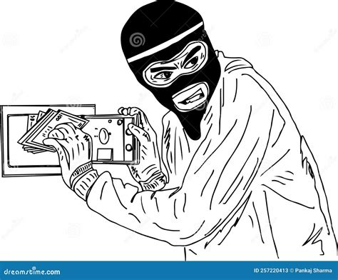 Masked Thief Stealing Money From The Safe Outline Vector Illustration