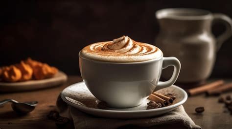 Premium AI Image Cups Cappuccino On A Wooden Surface Background