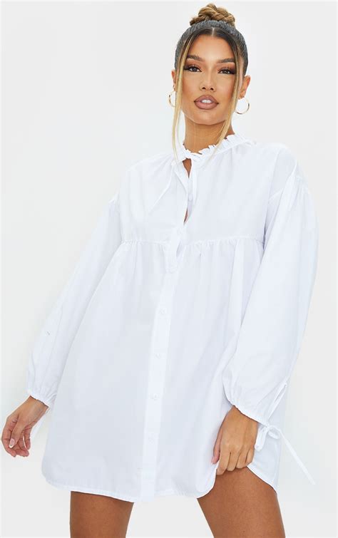 Robe Chemise Oversize Blanche En Popeline Et Col Volant