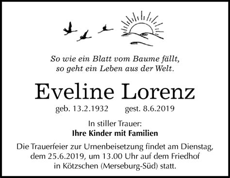 Traueranzeigen Von Eveline Lorenz Abschied Nehmen De