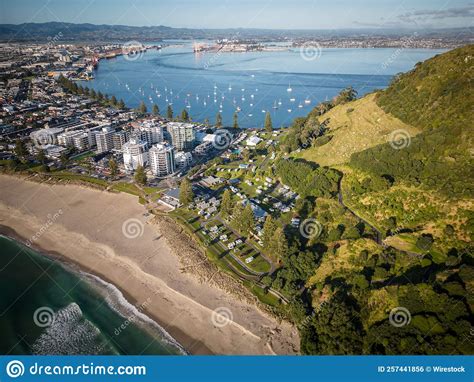 Aerial View of Mount Maunganui with Bay of Plenty and Modern Buildings ...